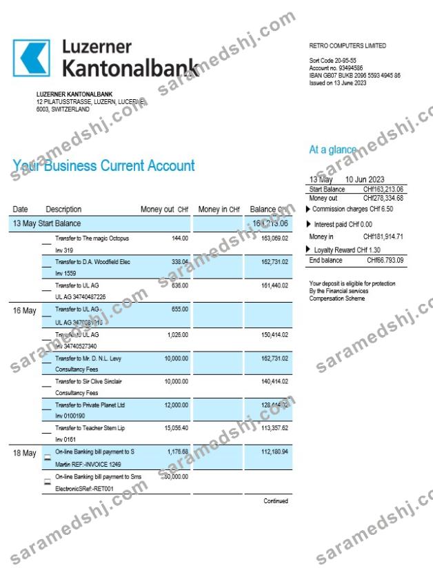 Luzerner Kantonalbank Bank organization checking account statement Word and PDF template